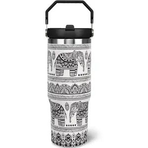 30 oz Elephant Tumbler With Handle and Straw, Flip Straw Tumbler Insulated Coffee Travel Mugs Cup Water Bottle Gifts for Elephant Lovers Women Girls, Coffee Thermos, Portable