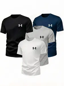 4-Piece Short Sleeve Set, Sporty Fitness Jersey, Unisex Loose Fit, Quick-Dry Breathable Fabric, Simple Logo Print, All-Season Wear