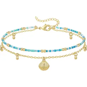 KissYan Layered Beaded Anklet for Women, 14K Summer Shell Charm Ankle Bracelet, Boho Beach Jewelry Gifts
