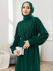 Elegant Women's Long Robe Dress with Rhinestone Belt, Casual Fashion Round Neck Traditional Style, Modest Muslim Outfits, Perfect for Daily Wear & Special Occasions