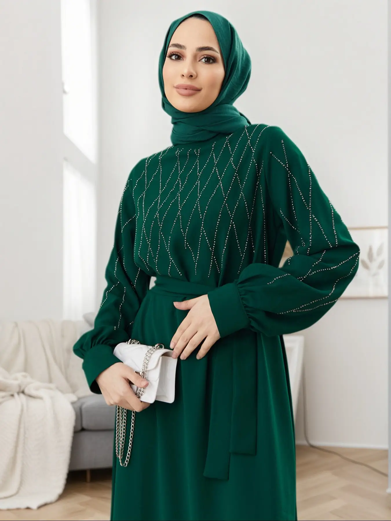 Elegant Women's Long Robe Dress with Rhinestone Belt, Casual Fashion Round Neck Traditional Style, Perfect for Daily Wear & Special Occasions, Muslim