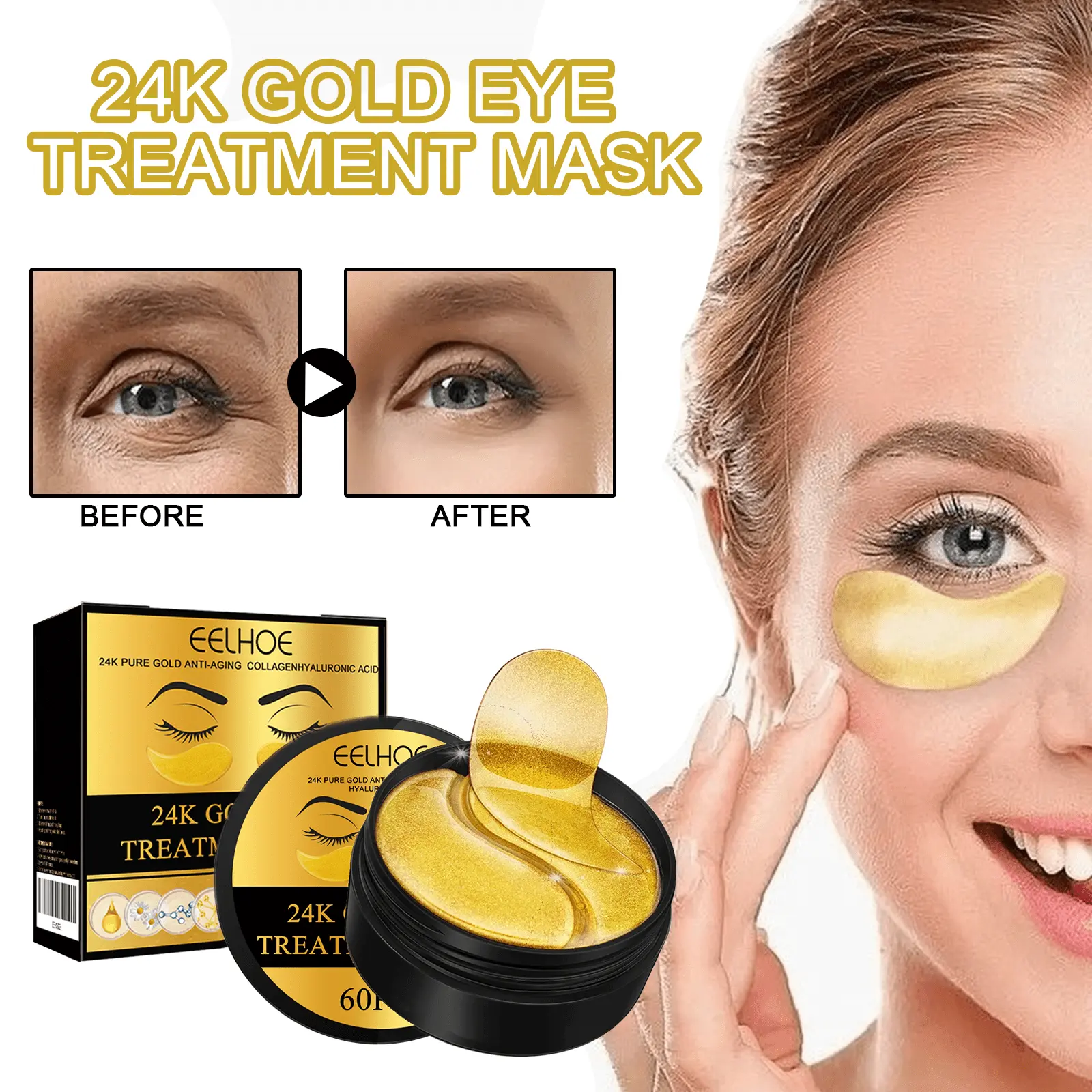 24K Gold Anti-Aging Eye Gel Mask, Collagen & Hyaluronic Acid Under Eye Patches to Smooth Crow’s Feet, Fade Dark Circles & Eliminate Eye Bags