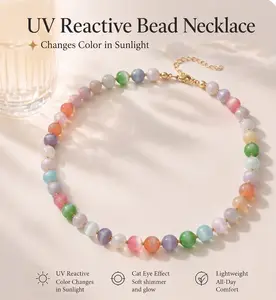 KissYan UV Reactive Bead Bracelet and Necklace Set for Women, 14K Gold Plated Adjustable Jewelry, Color Changing Acrylic Beads Set, Trendy Choker & Anklet, Multi-Scene Wear, Gift for Women