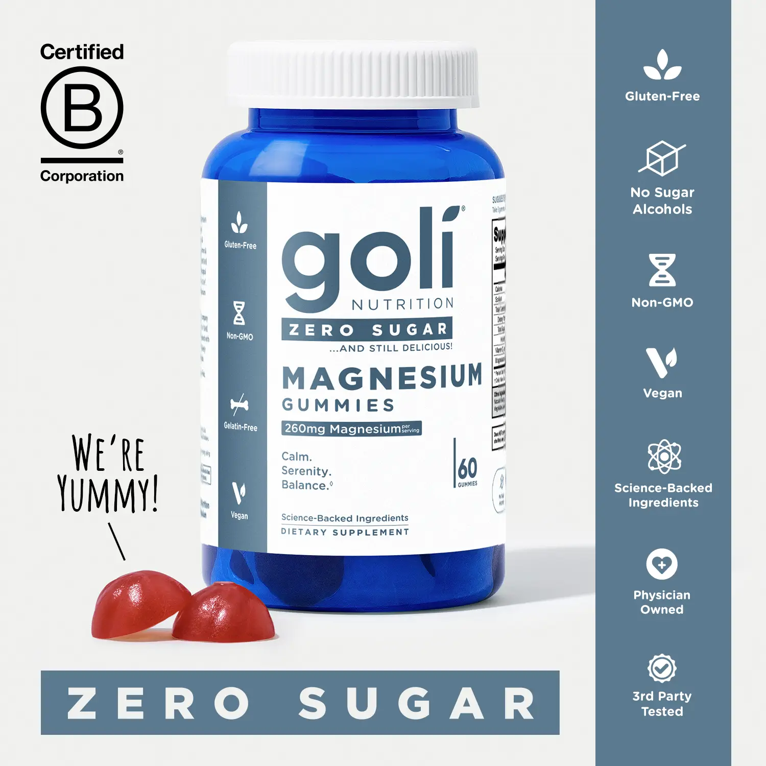 ZERO SUGAR Goli Magnesium Gummies - 260mg Magnesium, Vitamin D, No Artificial Sweeteners, No Sugar Alcohols. Gelatin-Free, Gluten-Free, Vegan & Non-GM