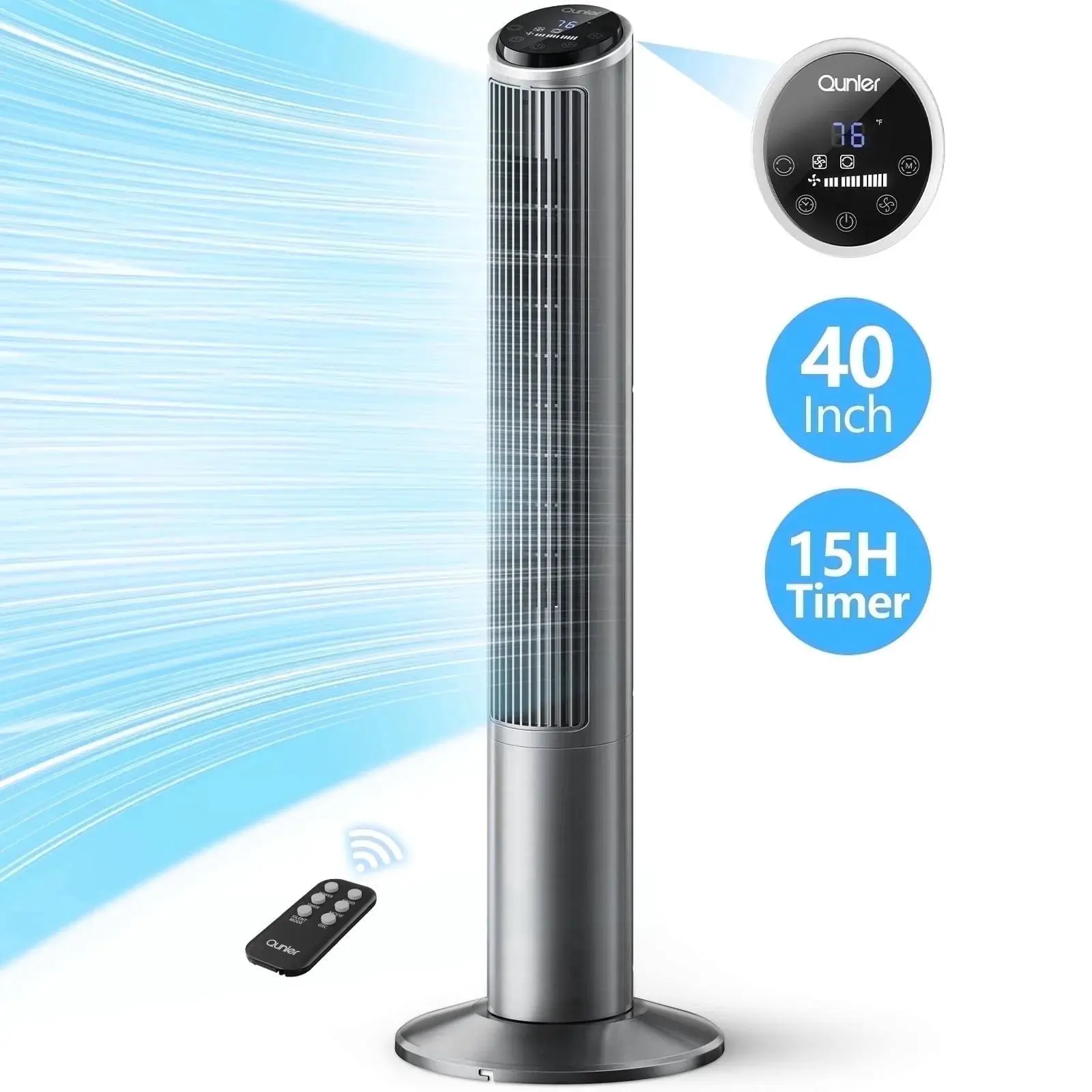 Qunler 40 in Modern Bladeless Oscillating Tower Fan with Remote Control, Ultra-Quiet for Bedroom Users, Home, Office, Gray
