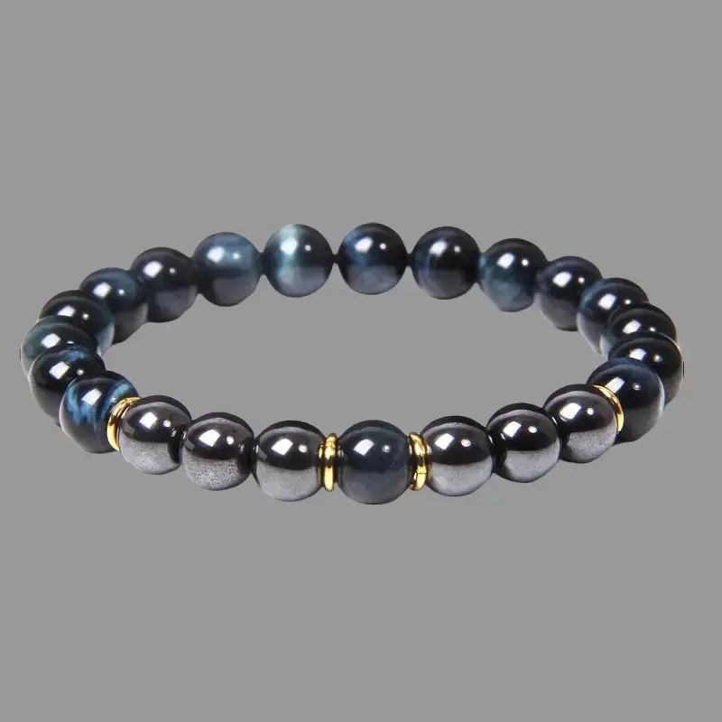 Unisex Beaded Bracelets Set - Natural Green Tiger Eye Hematite Vintage Style, Blue Tiger Eye Hematite Cool Style U-Shaped Bracelets for Daily, Office Wear