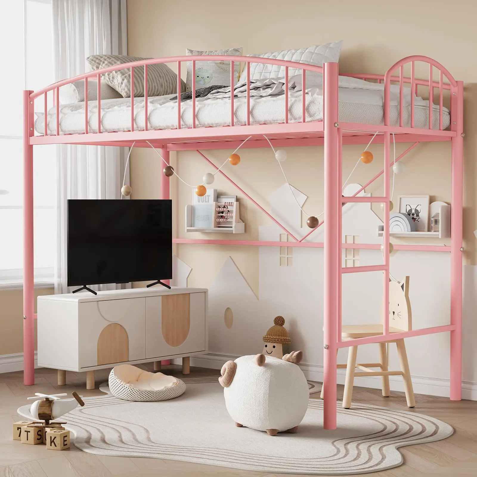 Loft Bed Twin Size, Heavy Duty Metal Loft Bed Frame with Arched Guardrail and Safety Ladder, Space-Saving, No Box Spring Needed, Modern Pink