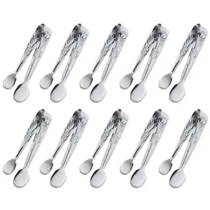 10PCS Mini Serving Tongs, 4 Inch Rose Stainless Steel Sugar Cube Tongs, Sliver Small Ice Tong for Tea and Coffee Party, Appetizers, Desserts (Silver)
