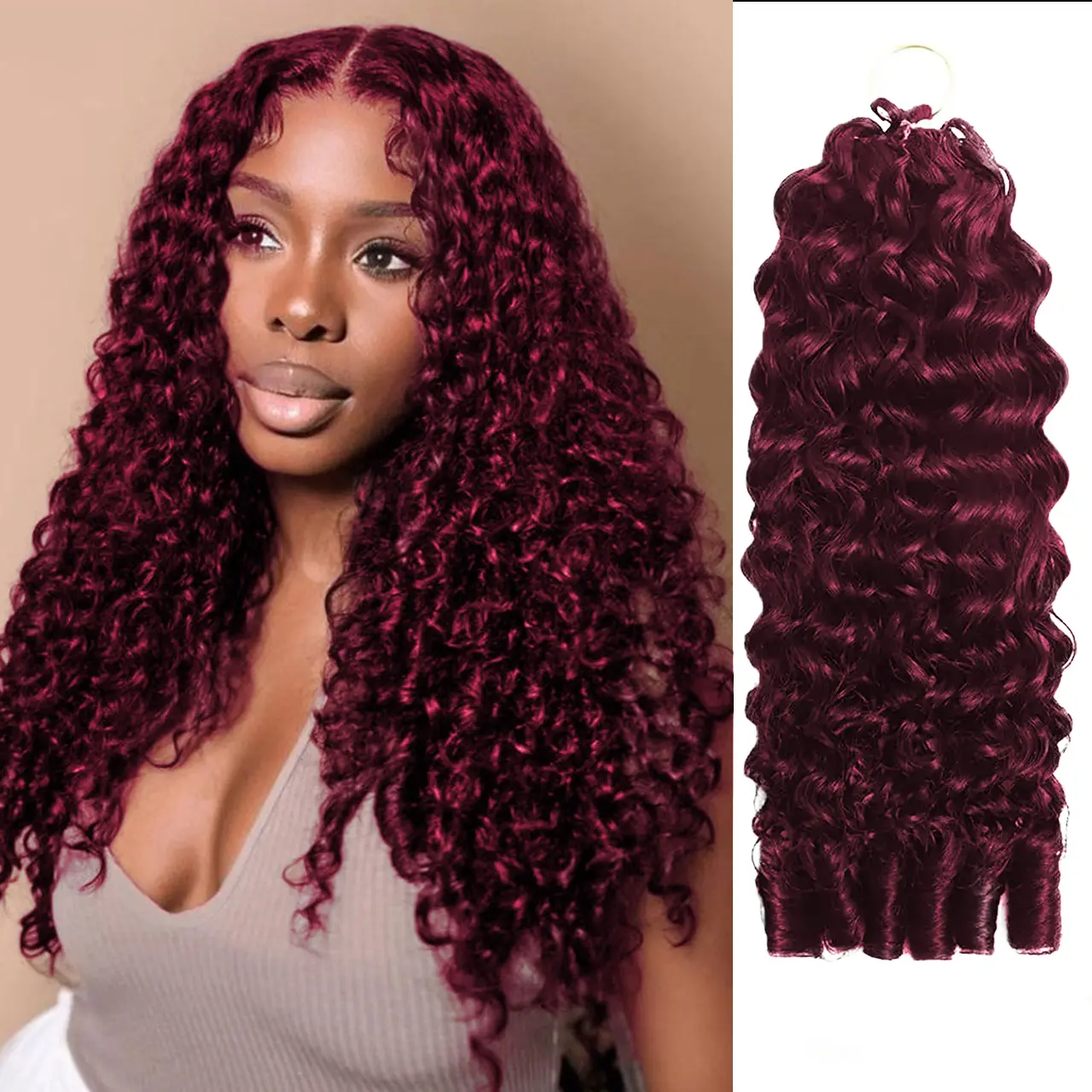 New 2026 Red Burgundy Ramiss Burmese Curly Red Burgundy 99j Crochet Human Hair Pre-Separated 50g/Pack Time-Saving, 40 Strands/Pack Mircale Knots Hot braids,4-5 Packs for Full Head Protective Styles Light Weight No Tension Reusable Feather Crochet