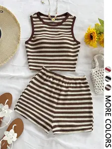 Women's Casual Knitted Striped Backless Short Sleeve Top with Elastic Waist Shorts, Perfect for Vacation Wear, 2 Piece Set