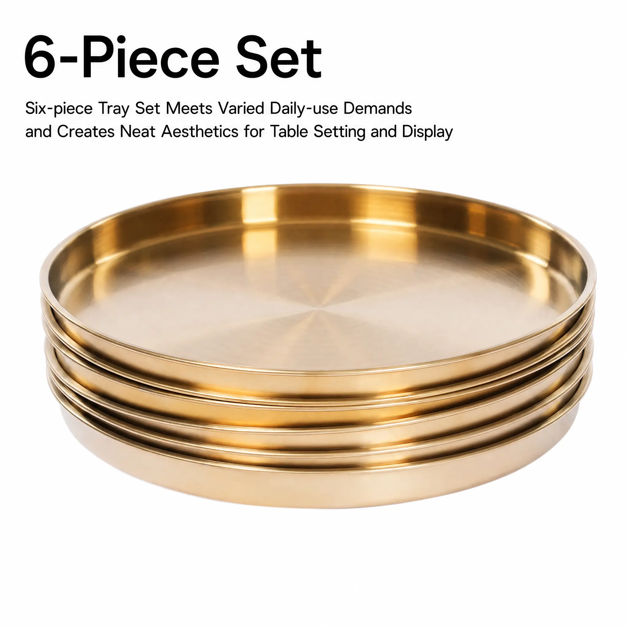 6-Piece Gold Round Stainless Steel Serving Trays, 201 Stainless Steel Platters for Weddings, Parties, Dishwasher-Safe Elegant Modern Kitchenware for Home Decor, Parties/Wedding