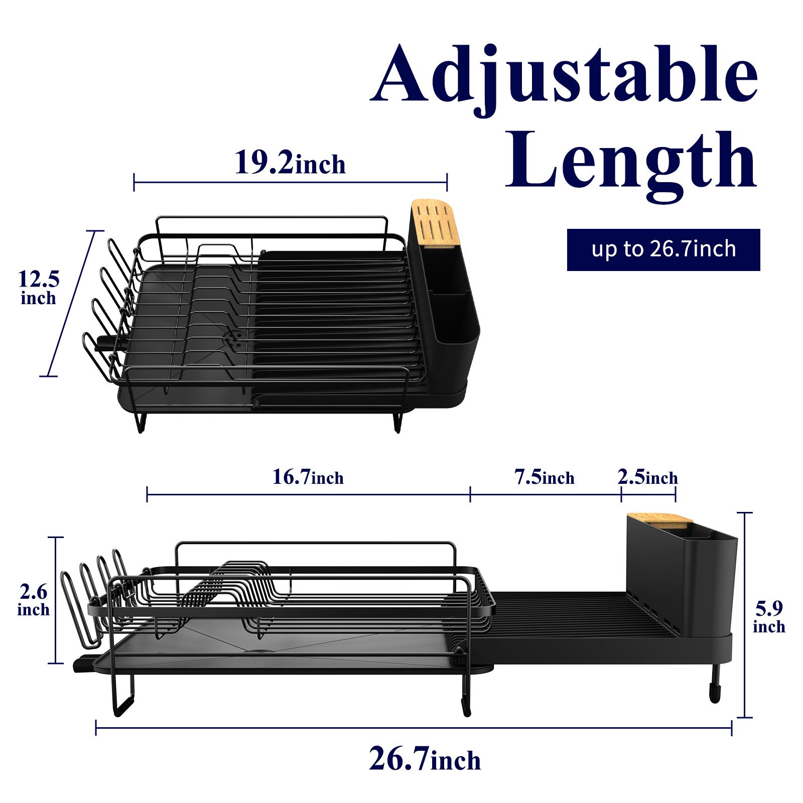 Black Expandable Dish Drying Rack Over Sink, Adjustable Iron Spray Coated Dish Rack with Drainboard, Large Capacity Kitchen Organizer for Plates Bowls Utensils, Space Saving Sink Rack Storage Holder