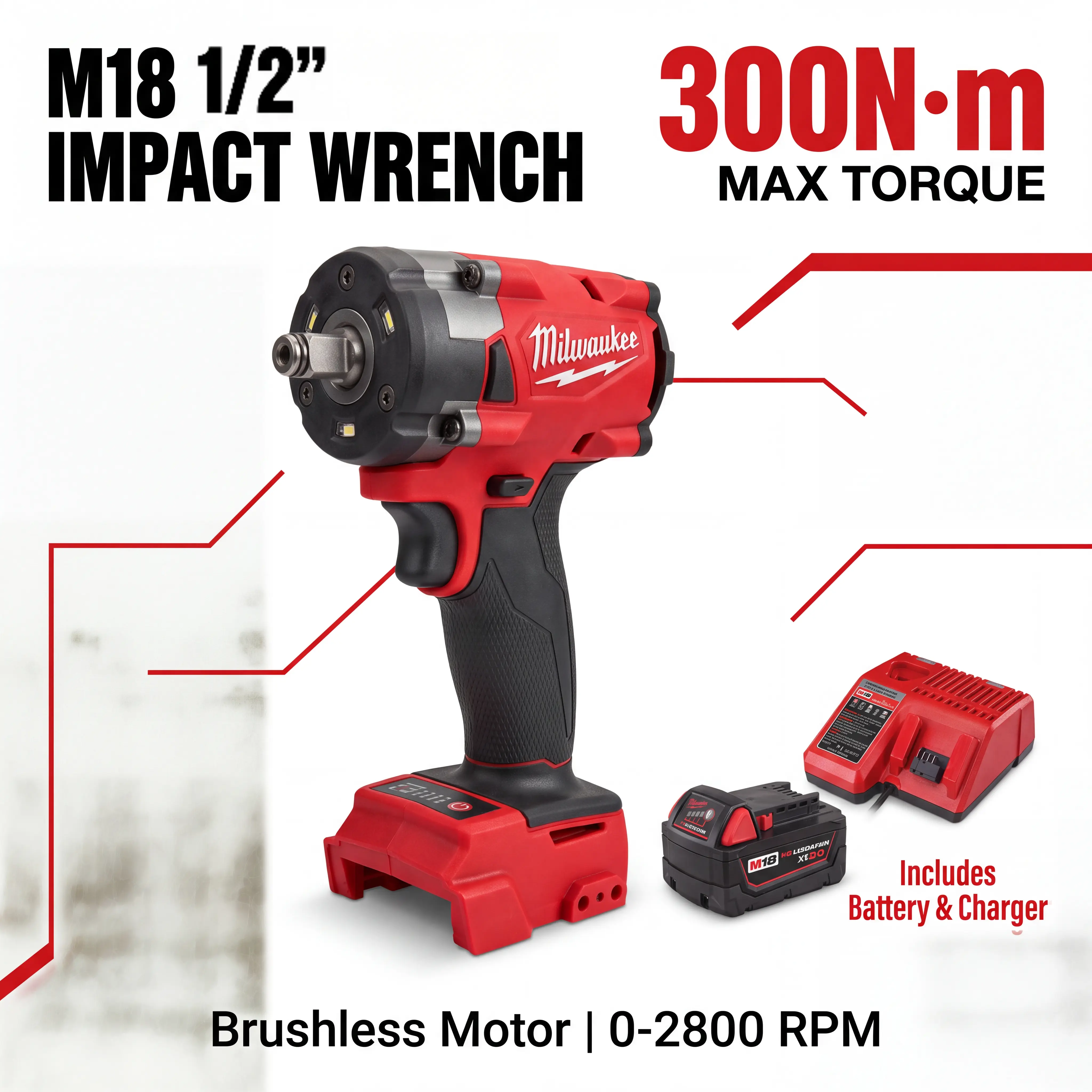 Milwaukee M18 1/2" Brushless Cordless Dual-Purpose Impact Wrench Kit - Includes Battery & Charger, 300N.m Max Torque, 0-3200 IPM, 0-2800 RPM, Ideal for Home DIY, Furniture Disassembly & Cabinet Installation