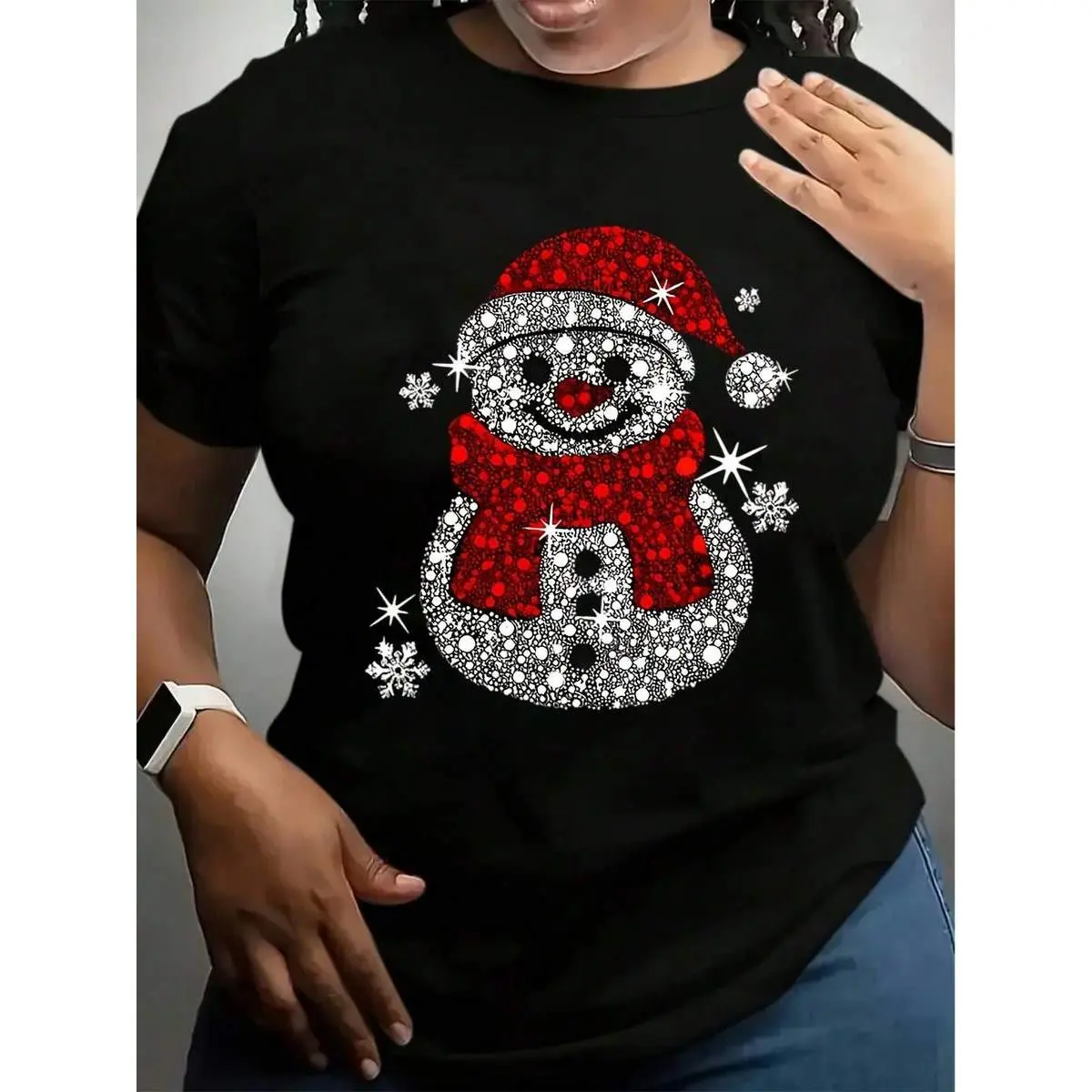 Women's Christmas Snowman Graphic T-Shirt, Casual Relaxed Fit Short-Sleeve Pullover in Lightweight Breathable No-Shrink Fabric, Sizes S, M, XL, Tshirt, Oversized, Piece, Shortsleeve, Round Neck