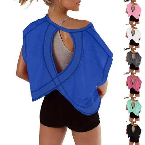 Woodberry Women's Oversized Open Back Short Sleeve Stretch Polyester Top - Gym Workout Apparel, Everyday Tops, Polyester Clothing, S Size Clothes for Casual Yoga, New Year Outfits,sohochic