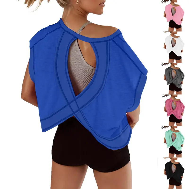Woodberry Women's Oversized Open Back Short Sleeve Stretch Polyester Top - Gym Workout Apparel, Everyday Tops, Polyester Clothing, S Size Clothes for Casual Yoga, New Year Outfits,sohochic