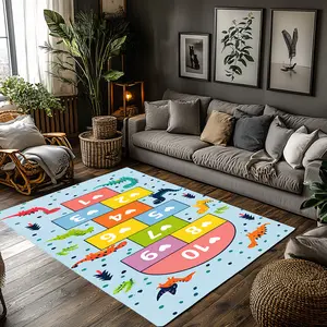 Kids Dinosaur Hopscotch Play Crystal Velvet Area Rug Light Blue Colorful Non‑Slip Children Game Room Rug#KidsDinosaurHopscotchRug #DinosaurPlayRug #ChildrenDecor #LightBlueGameCarpet #CrystalVelvetRug