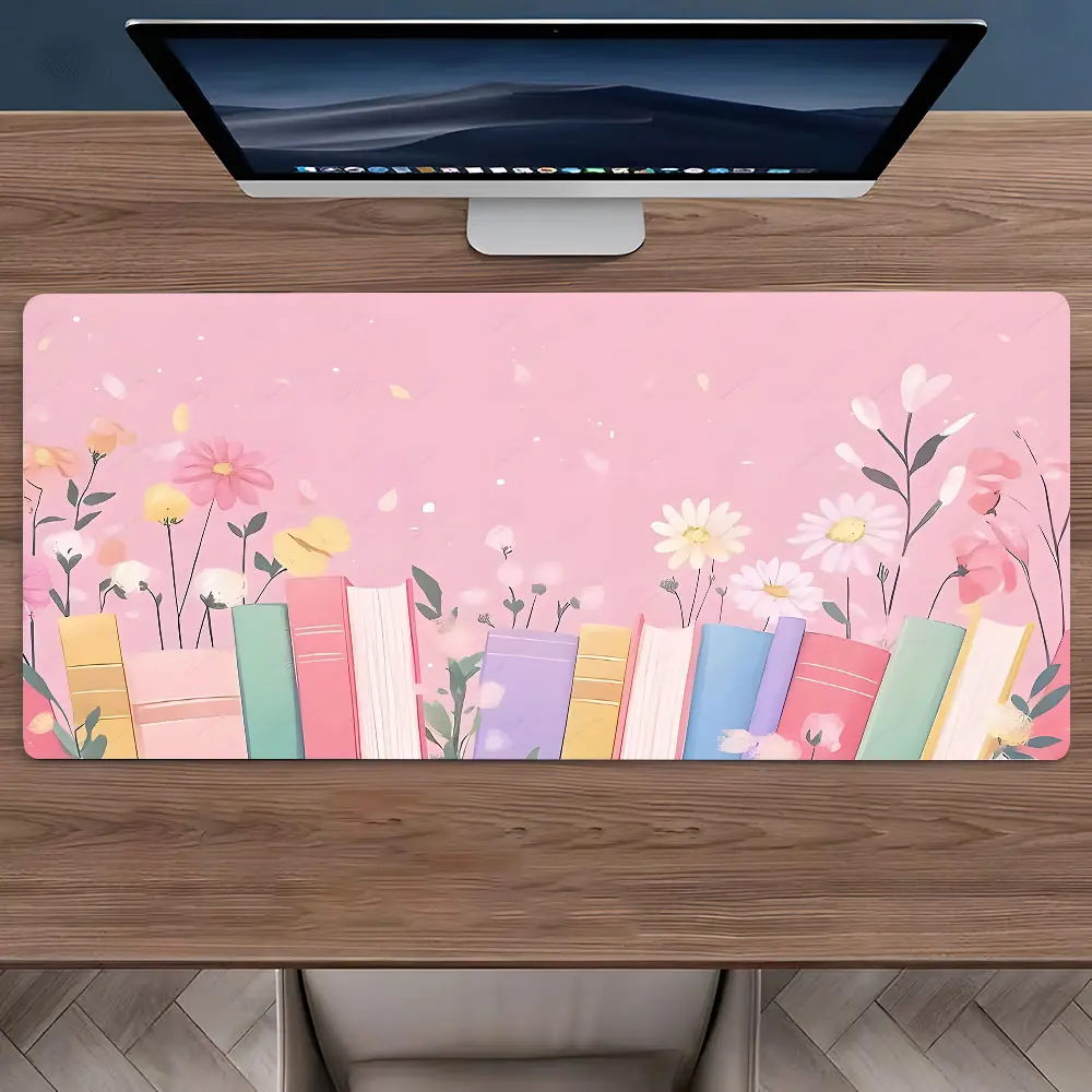 Pastel Book & Floral Pattern Large Gaming Mouse Pad,Aesthetic Desktop Protection Pad,Washable Rubber Pad Non-Slip Lock Edge Multi-Size Mouse Pad Suitable For Home，Office, Desktop Accessory,Cute Desk Accessories,Good Gift for Family and Friends