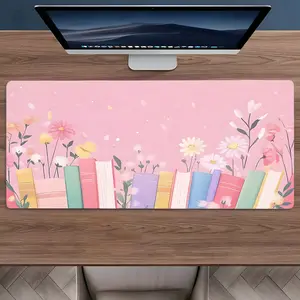 Pastel Book & Floral Pattern Large Gaming Mouse Pad,Aesthetic Desktop Protection Pad,Washable Rubber Pad Non-Slip Lock Edge Multi-Size Mouse Pad Suitable For Home，Office,Cute Desk Accessories,Good Gift for Family and Friends