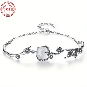 S925 Sterling Silvery Moon Shadow Cold Plum Bracelet - 6g/ 0.212oz- Stylish antique Silvery plated with elegant Moonlight white chalmedine - Personality Cold - Perfect charm - Halloween gift,  Occasion, Bohemian Style, Vintage