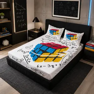 Math Formula & Rubik's Cube Fitted Sheet Set, 3 Pieces (1 Fitted Sheet + 2 Pillowcases, No Pillow Insert), Breathable Deep Pocket Design, Soft & Skin-Friendly Fabric, Aesthetic & Personalized Bedding, Ideal Gift for Students & Math Lovers