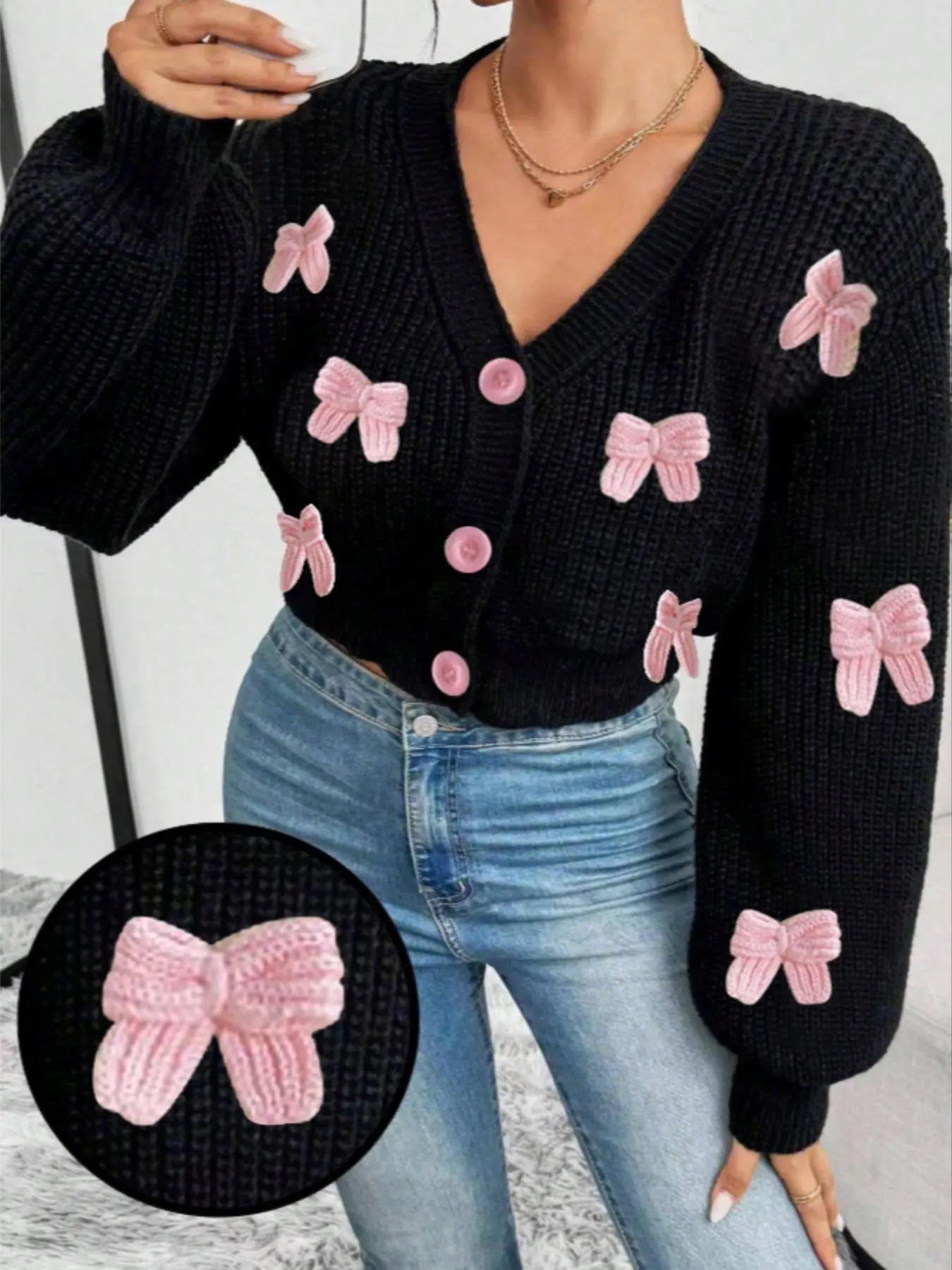 Women's Bowknot Decor Sweater Cardigan, Casual Long Sleeve Button Front Knit Design V Neck Knitting Knitwear for Fall & Winter, Fashion Ladies' Knit Clothing for Daily Wear, Womenswear