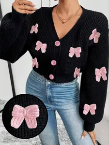 Women's Bowknot Decor Sweater Cardigan, Casual Long Sleeve Button Front Knitwear for Fall & Winter, Fashion Ladies' Knit Clothing for Daily Wear, Womenswear