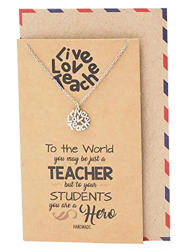Quan Jewelry Live Love Teach Pendant Necklace, Best Gift for Teachers, Appreciation Gifts with Inspirational Quote on Greeting Card, Rhodium Plated