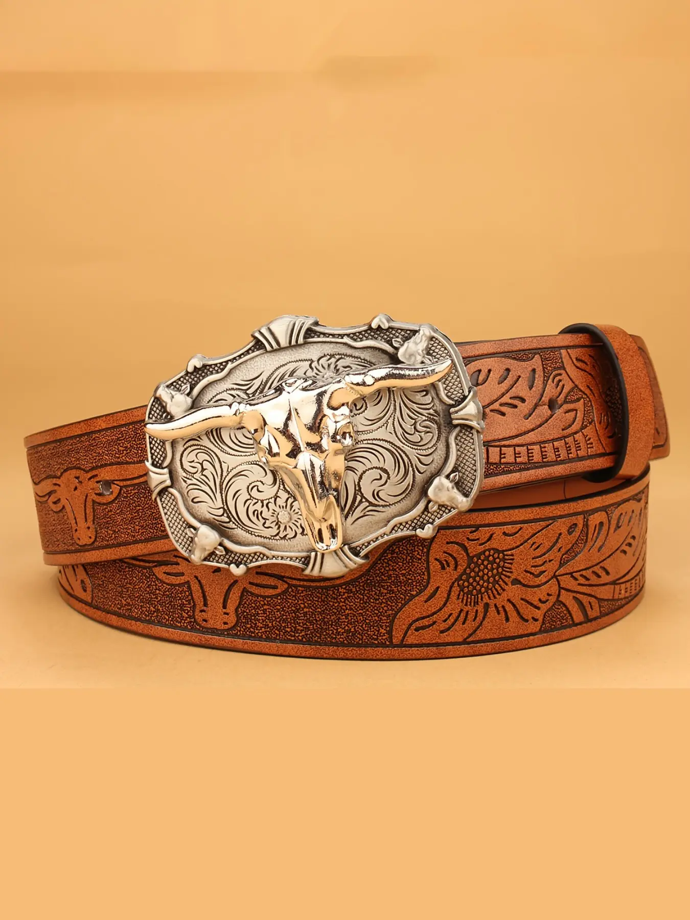 Western Style Cowboy Belt, Vintage Floral Design, Skull Buckle, Adjustable Fit for Men and Women, Perfect for Jeans, PU Leather Belt, Western Cowboy Belts