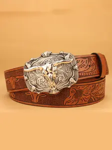Western Style Cowboy Belt, Vintage Floral Design, Skull Buckle, Adjustable Fit for Men and Women, Perfect for Jeans, PU Leather Belt, Western Cowboy Belts
