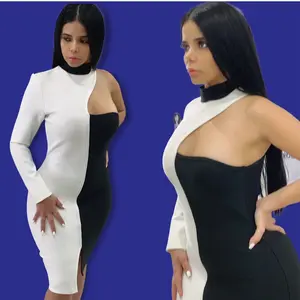 One shoulder high neck back and white Bodycon dress