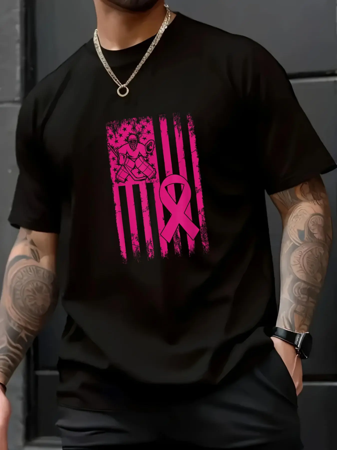 Hockey Spirit Pink Ribbon Awareness T-Shirt, Unisex Casual Loose Fit 100% Cotton Classic Shortsleeve Top, Menswear, Tops, Stylish