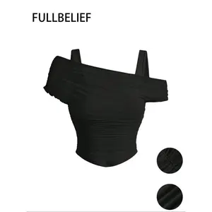 Women’s solid-color cold-shoulder ruffle T-shirt, holiday fashion casual short-sleeved top, summer women’s clothing GARMENTARY