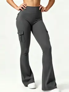Women's High Waist Ruched Flare Pants, Side Pocket Smooth Front Split Pants, Stretchy Soft Joggers for Yoga, Workout, Casual Wear