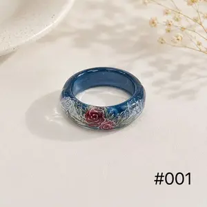 Jade Ring With Painting Flowers Colorful Jade Rings For Spring Matching Jewelry