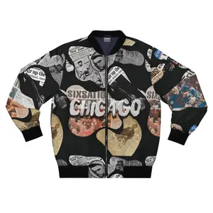 Chicago Newspaper Cutout Kimante All Black Bomber Jacket