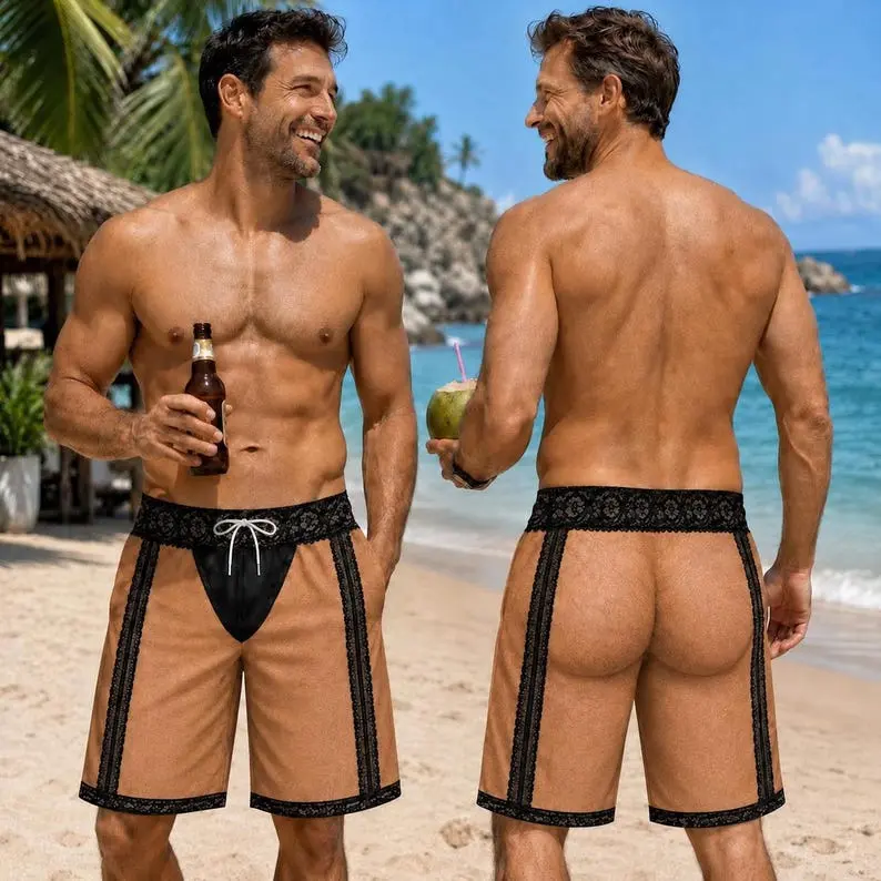 Mens Custom Swim Trunks, Funny Fake Underwear Beach Shorts, Personalized Novelty Swimwear, Humorous Vacation Gift for Him