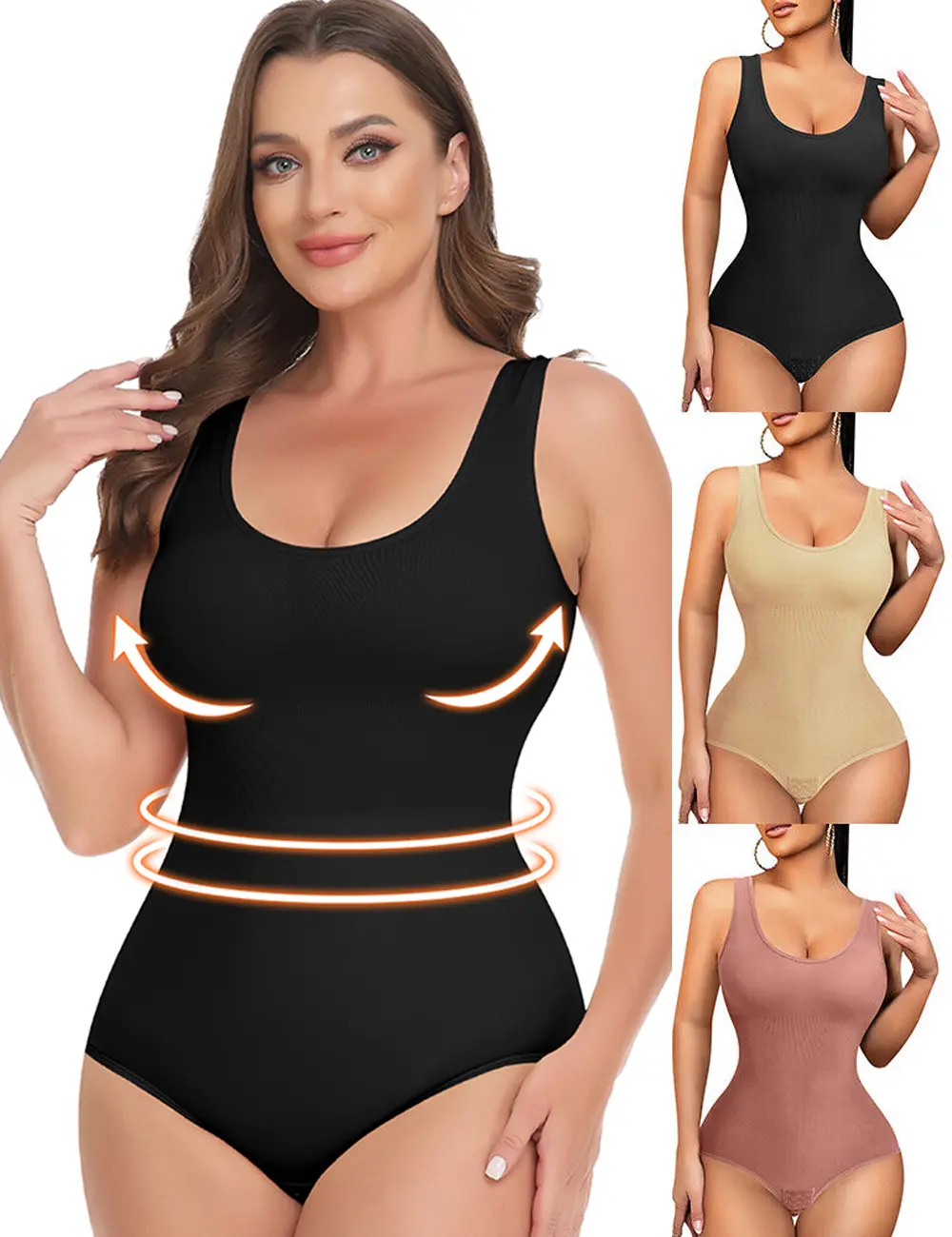 Women's Compression Shapewear Bodysuit, Fitted Round Neck Body Contour Underwear with Waist Trainer & Butt Lifter, Nude, Wedding, Body Contouring, Black, Basic, Fantasy