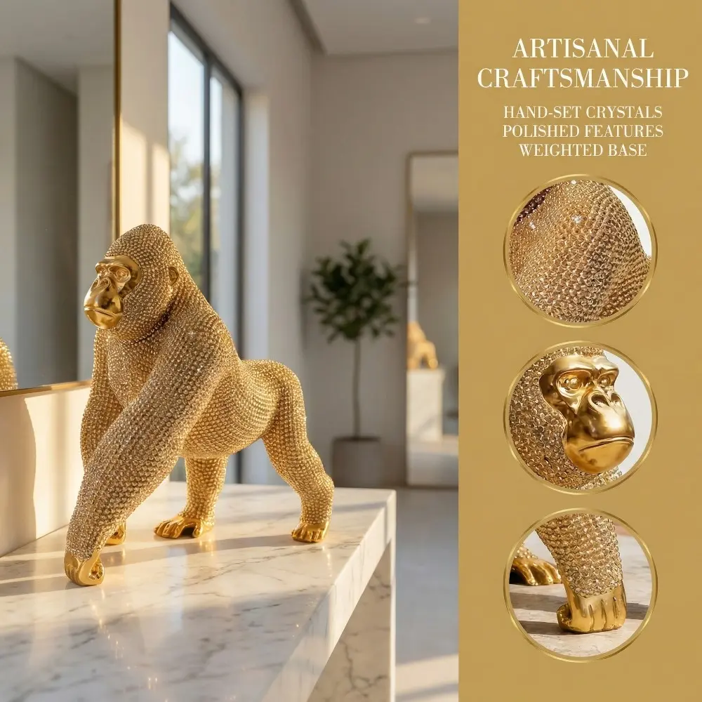 Luxury Gold Resin Gorilla Statue, Sparkling Textured Wildlife Figurine, Ideal Mother's Day Gifts, Easter Home Decor Centerpieces & Ramadan Festival Presents for Modern Living Room, Office & Shelf Decoration, Decoration Figure, Collectible Figurines