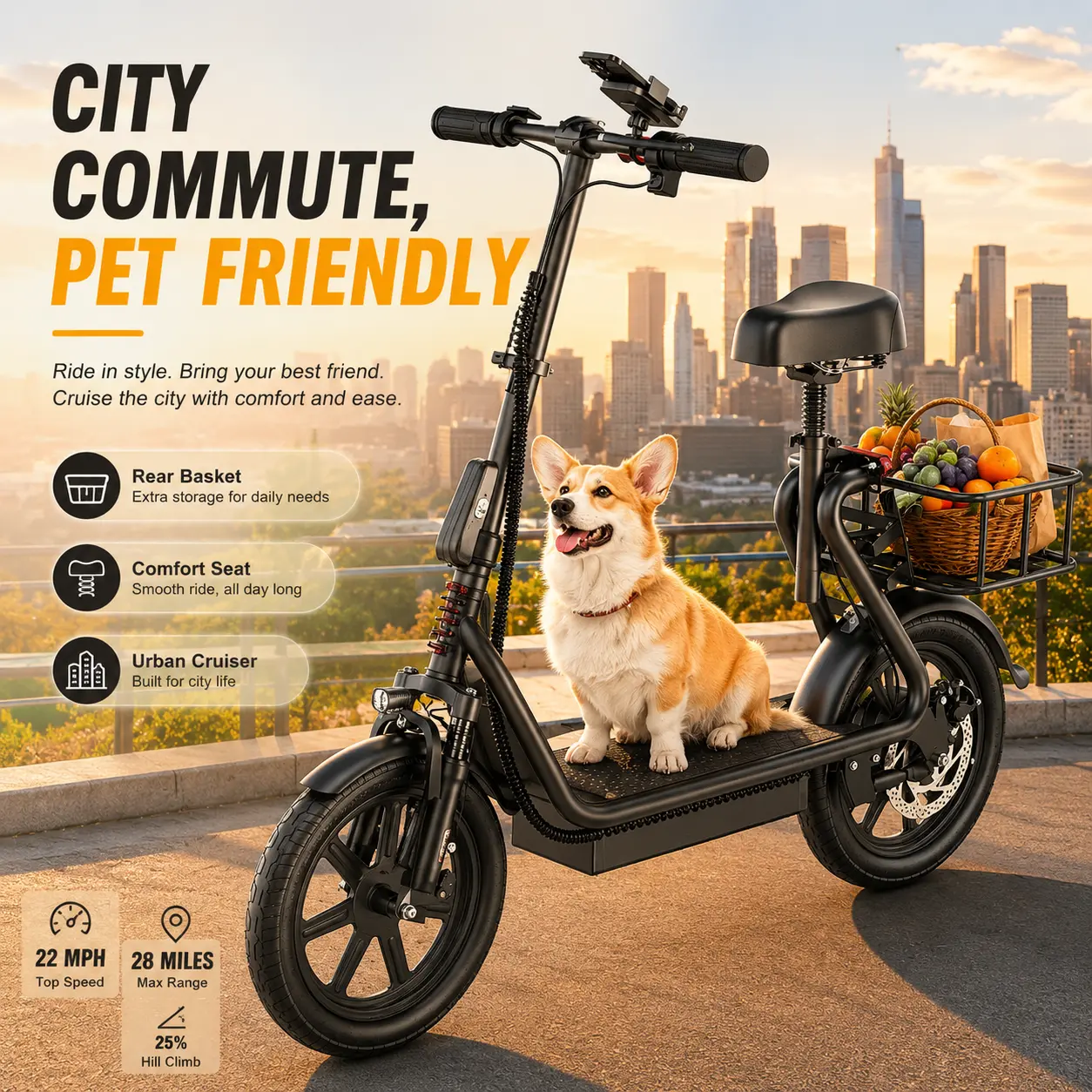 Adult Folding Escooter with Adjustable Height Seat + Basket, 500W Motor, Up to 20 MPH & 28 Mi Range, 14-Inch Pneumatic Tires, Dual Suspension Multifunctional Commuter Electric Scooter