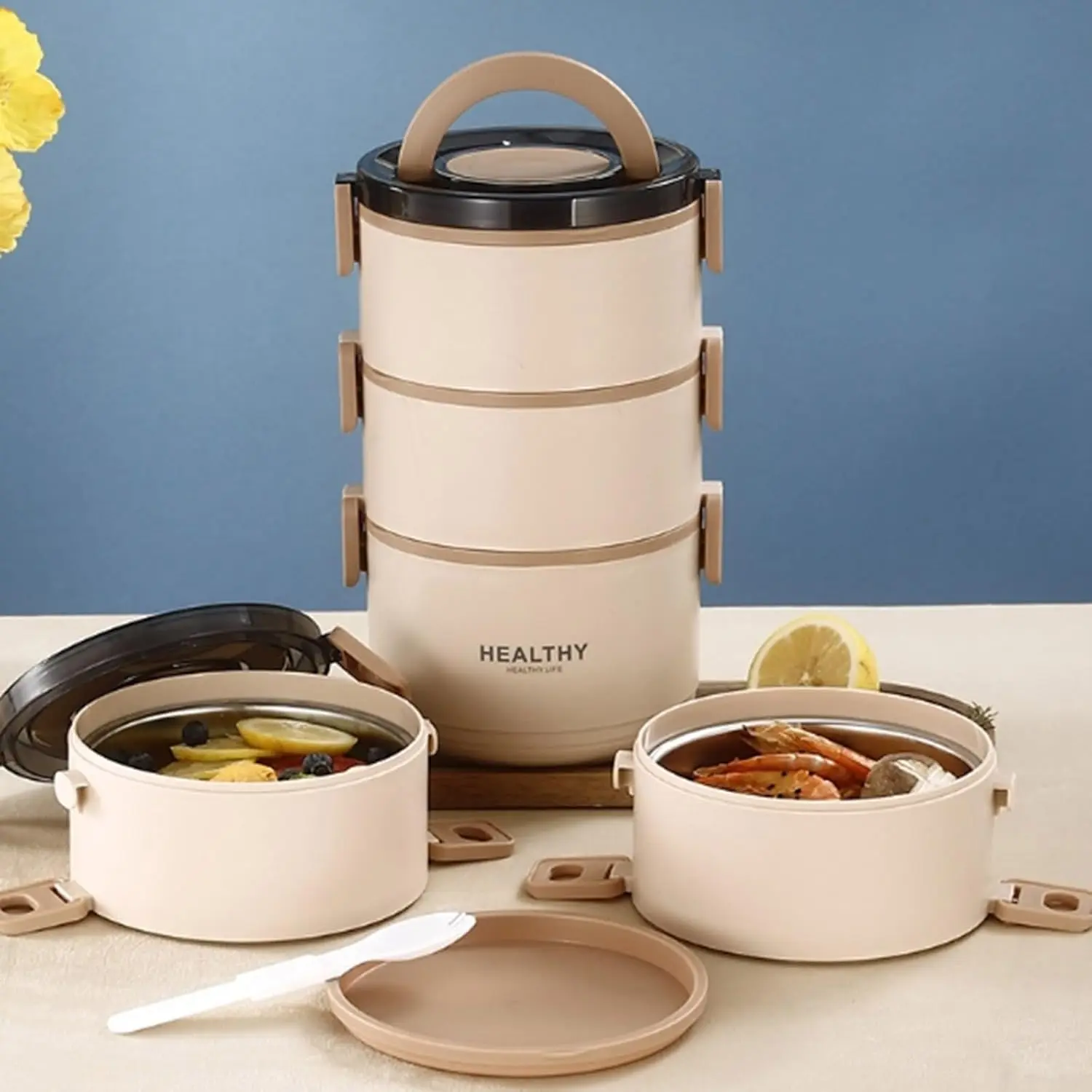 Portable Insulated Adult Lunch Box Set - Stackable Stainless Steel Bento Container, Detachable Lid, Thermal Tableware for Hot Food, Lunch Boxes, Plain