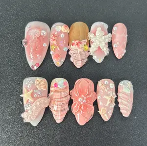 Mermaid Shell Press-On Nails, 3D Starfish & Coral Flower Art, Pearl Bubble Detail, Pink Ocean Jelly Design, Handmade Seashell Fantasy Nail Set, Dreamy Beachcore Summer Nails