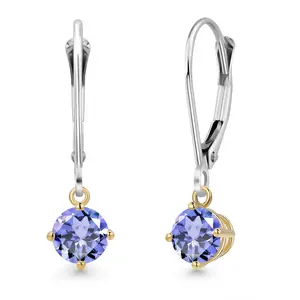 925 Silver and 10K Yellow Gold Blue Tanzanite Dangle Earrings for Women | 0.76 Cttw | Gemstone December Birthstone | Round 4.5MM
