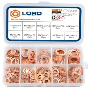 200 count Copper Crush Metric Washers Assortment Kit Flat Sealing Washer M5 M6 M8 M10 M12 M14 (9 Sizes)