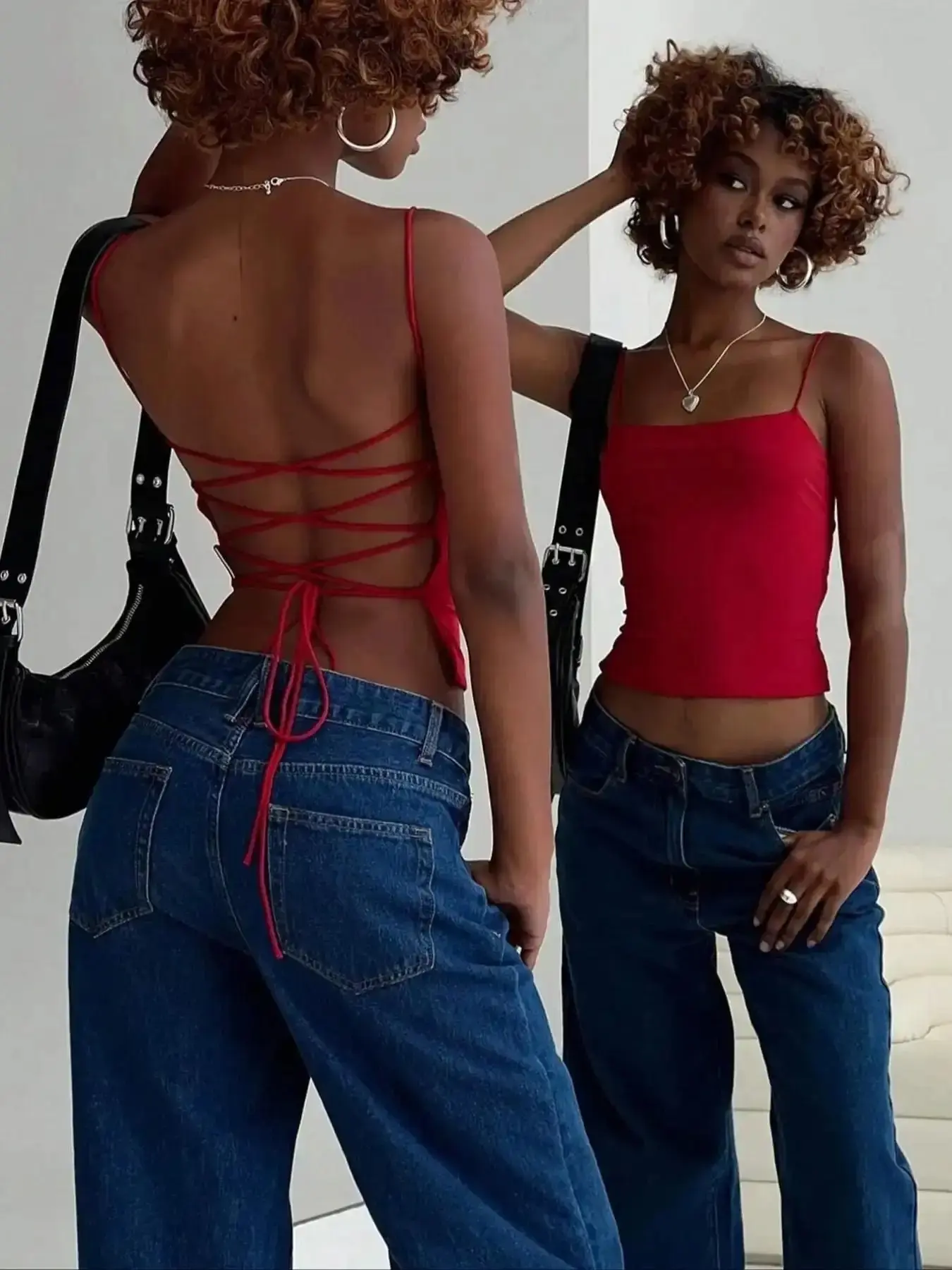 Women's Fashion Backless Criss Cross Tie Vest, Sexy Sleeveless Spaghetti Strap Top, Tight-Fitting Summer, Casual Wear