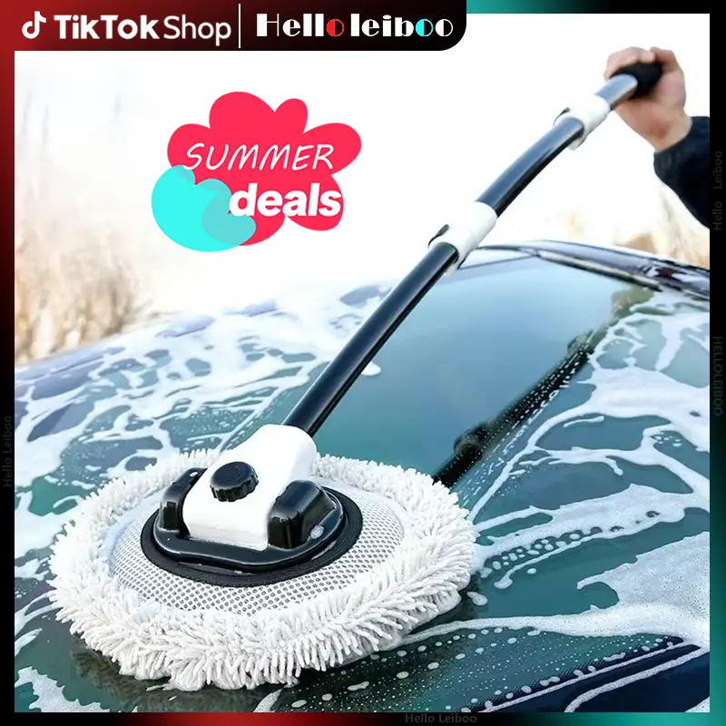 LEIBOO 47'' Long handle car wash mop, 15° Ergonomic design，retractable aluminum alloy pole（Durable），Microfiber car wash brush，Avoid scratching，Suitabl