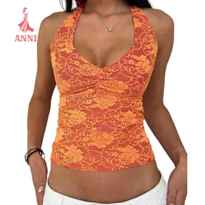 Women's Lace Halter Tank Tops Sleeveless Deep V-Neck BacklessFit Vest Streetwear