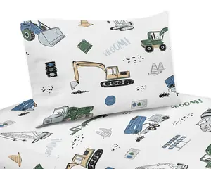 Sweet Jojo Designs Construction Truck Twin Sheet Set - 3 piece set - Grey Yellow Black Blue and Green Transportation