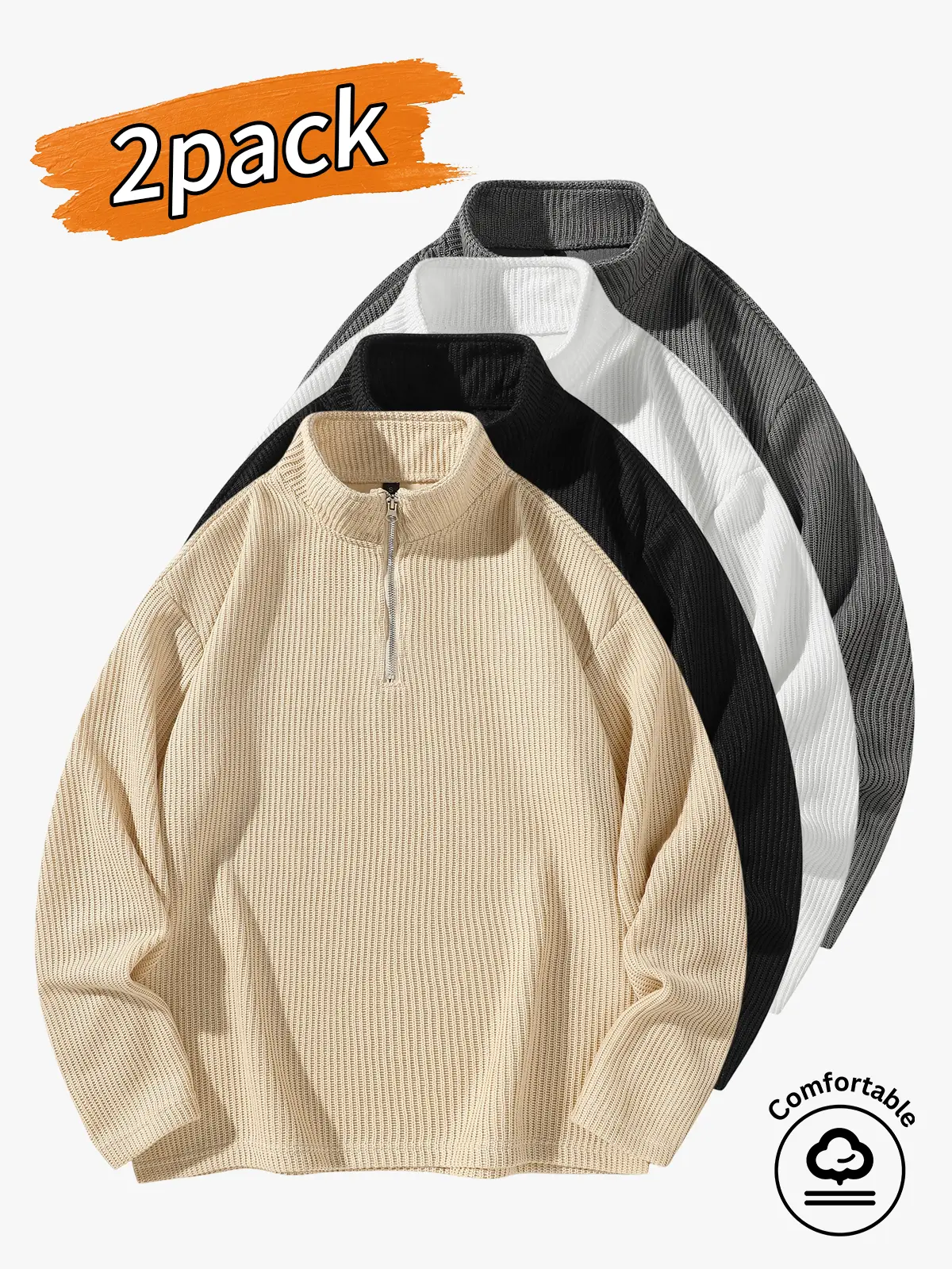 2-pack men's tops, men's casual long-sleeved sweaters, men's half-zip stand collar sweaters.Minimalist half-zip design with a slightly high neckline; the zipper allows you to freely adjust how open the collar is. A slightly loose yet fitted cut that isn’t
