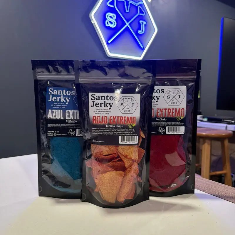 Santos Jerky 3 PACK SPECIAL ( 1 AZUL EXTREMO / 1 ROJO EXTREMO and 1 CHIPS Spicy Bundle ) - Dried Meat Snacks, Convenient Snack Packs, Spicy Jerky